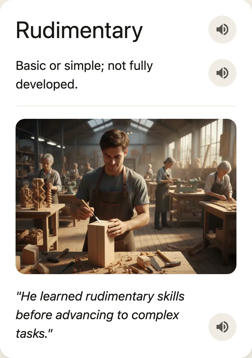 An Inoh card for the word rudimentary: definition, picture, example sentence, and audio buttons